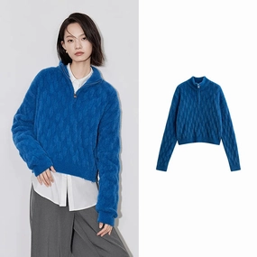 Winter Ready Knit Women's Grid Pattern Knitted Zipper Sweater