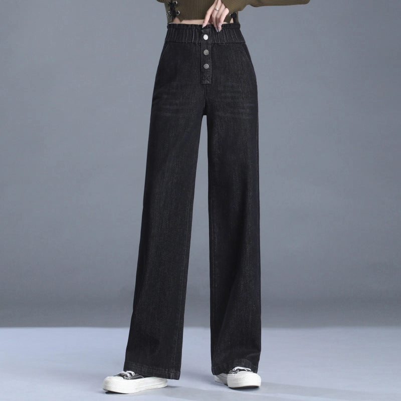 Color Lock Technology Vibrant Design Women's High Waist Denim Wide Leg Pants Thickened High Elasticity