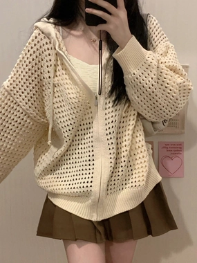 Women's Hollow-out Design Hooded Outwear Blouse Knitted Cardigan Zero Pilling Guarantee Breathable Comfort