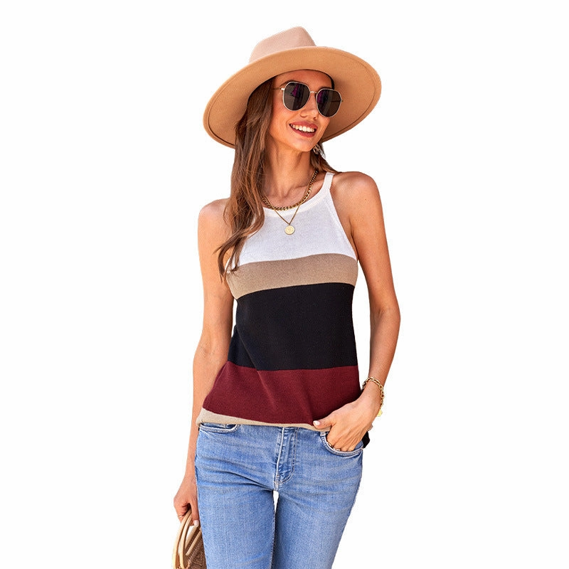 Women's Knitted Outer Vest Waist Trimming Casual Contrast Color Sleeveless Everyday Look