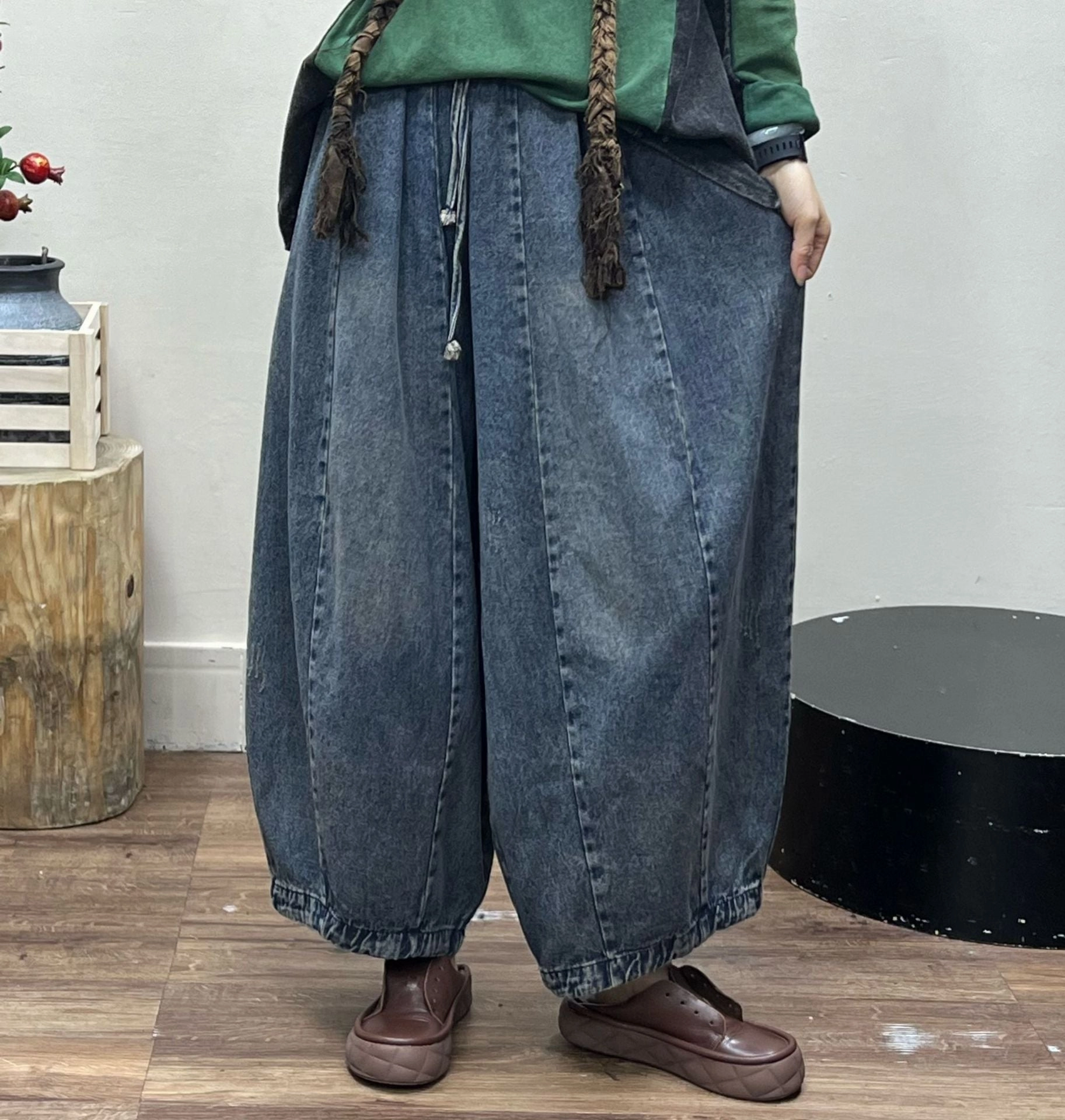 Women's Large Size Retro Denim Elastic Wide-leg Pants Quick Matchup All Fit Design