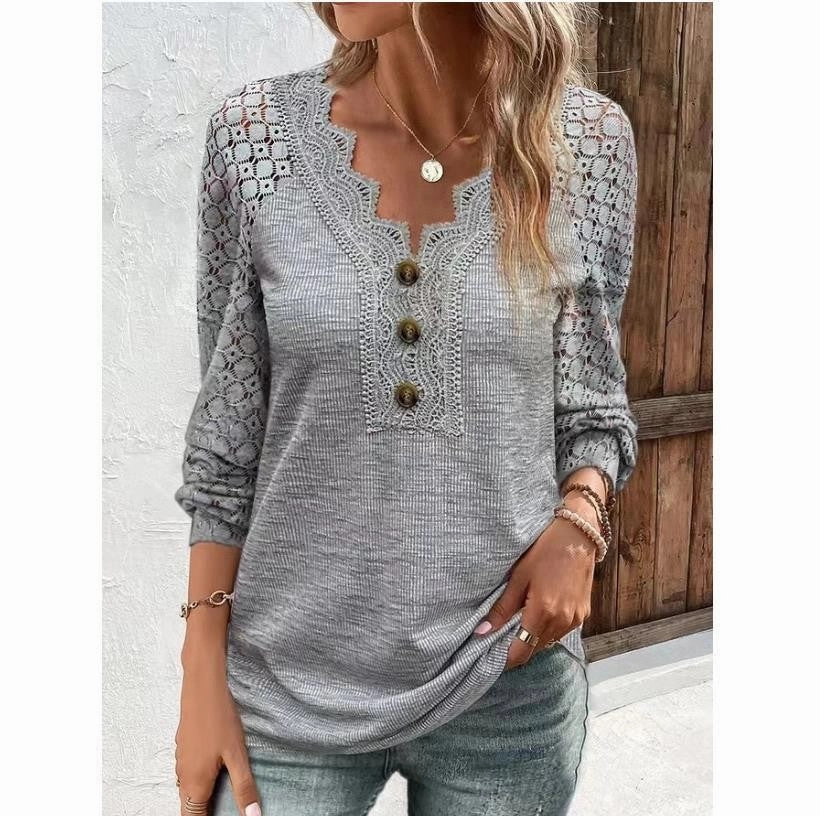 Women's Long Sleeve Shirt Leisure Pullover Slim Lace T-shirt Tall Option