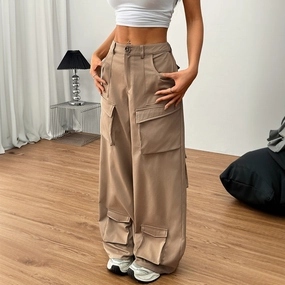 Women's Loose Casual Wide-leg Trousers Pocket Overalls Street Inspired SoftCottonBlend