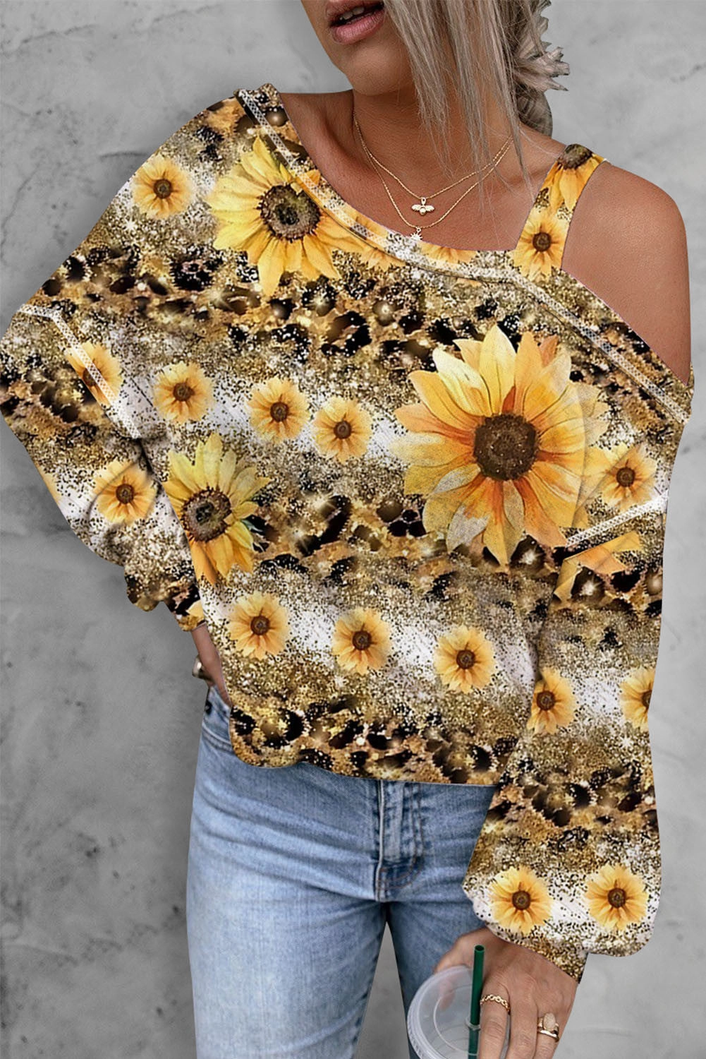Women's Oblique Shoulder Pullover T-shirt SUNFLOWER Printed Casual Loose Top Odor Control Technology Smooth Cotton Blend