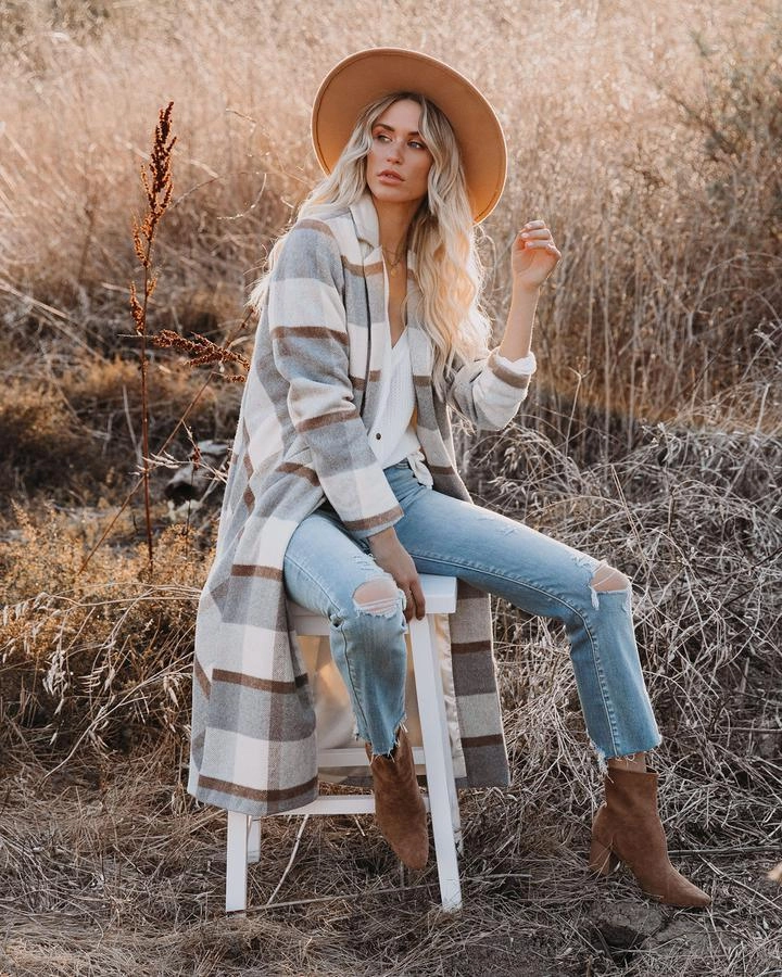 Tear Resistant Weave Women's Plaid Long Coat Woolen Coat