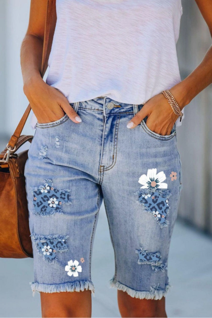 School Fit Women's Ripped Print Denim Shorts