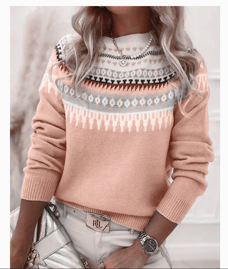 Women's Round Neck Multicolor Loose Fashion Pullover Sweater Wrinkle Free Material