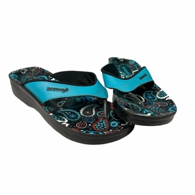 Women's Size 6 Aerosoft Sandals Black Floral Print Comfort Thong Day Glow