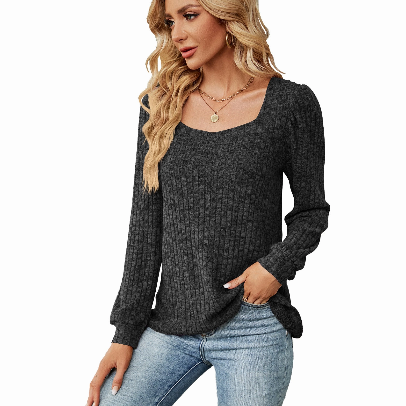 Women's Solid Color Rib Fabric Square Collar Loose Long-sleeved T-shirt Top Double Stitched Seams