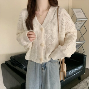 Cozy Piece Women's Spring  Loose Small Short Knitted Cardigan Coat Retro Sweater