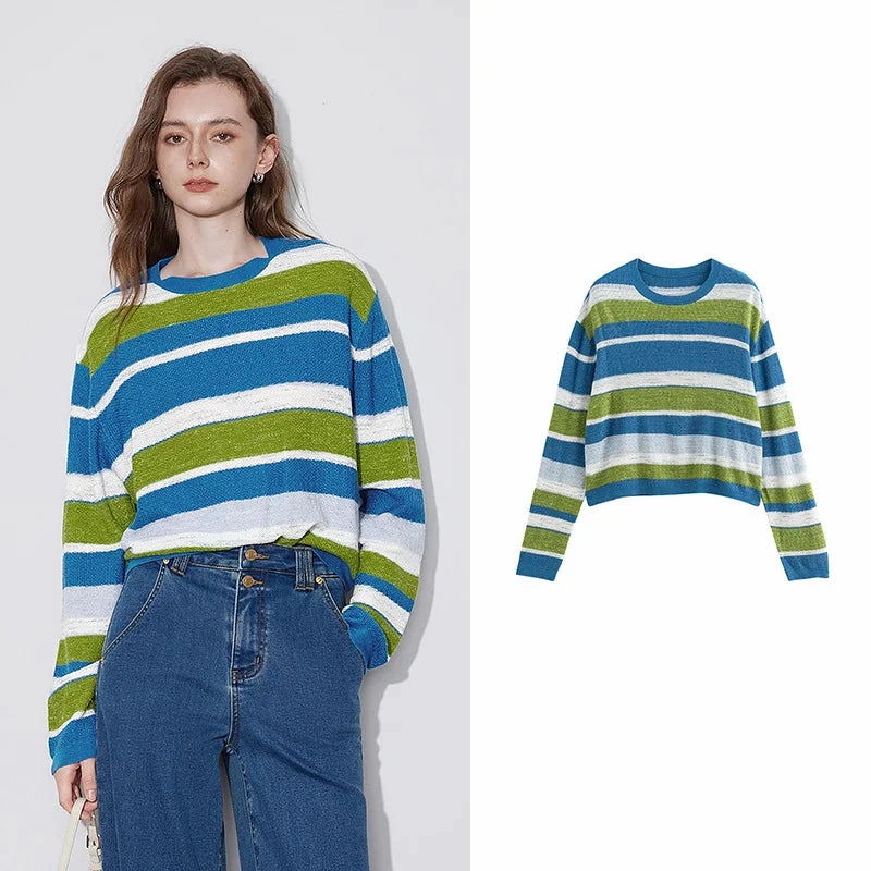Women's Striped Knitted Sweater Comfy Flex Tactile Grid Knit