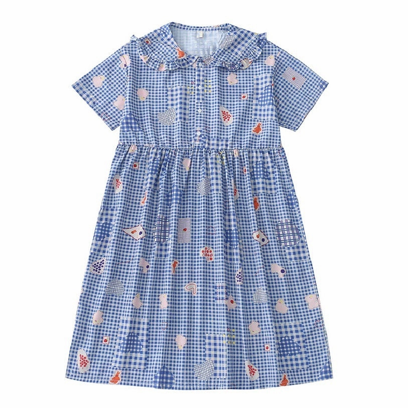 Boho Aesthetic Sophisticated Cut Women's Summer Chiffon Dress with Cartoon Print and Peter Pan Collar
