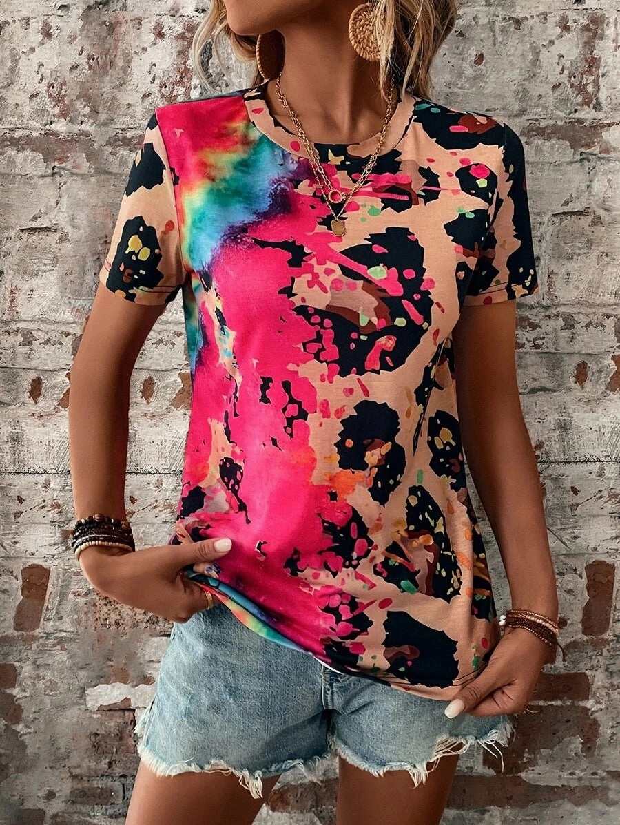 Sporty Design Everyday Essential Women's Summer Fashion Painted Short-sleeved Slim T-shirt