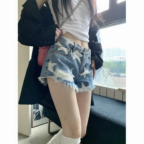 Relaxed Style Outdoor Enthusiast Evening Stroll Women's Summer Star Vintage Print Raw Edge Denim Shorts