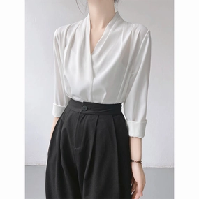 Pure Cotton Minimalist Style Women's Summer V-neck Niche Satin Shirt Top