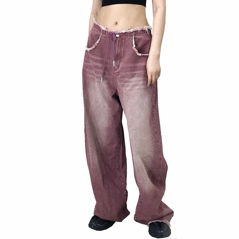 Casual Energy Acid Wash Effect Women's Summer Washed Frayed Hem Design Drawstring Leisure Jeans