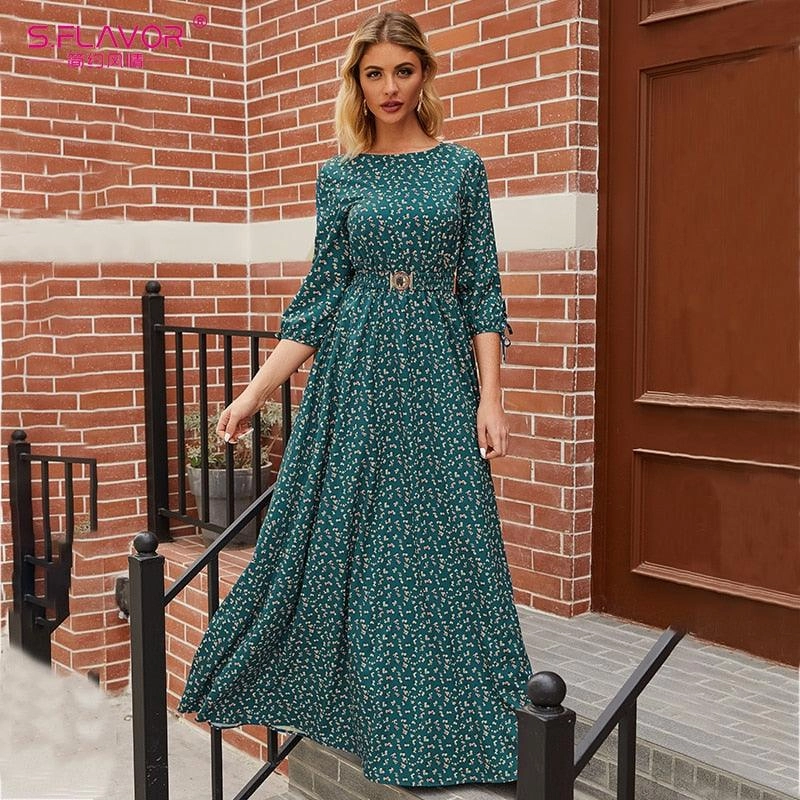 Comfortable and Soft Feminine Details Women's Three-Quarter Sleeves Floral Lace Up Slim Green Dress
