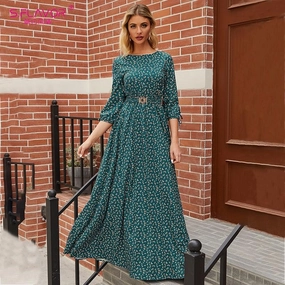 Tie-dye Exclusive-Design Women's Three-Quarter Sleeves Floral Lace Up Slim Green Dress