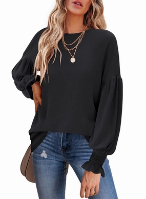 Women's Top Round Neck Pleated Lantern Sleeve Effortless Style Everyday Layer