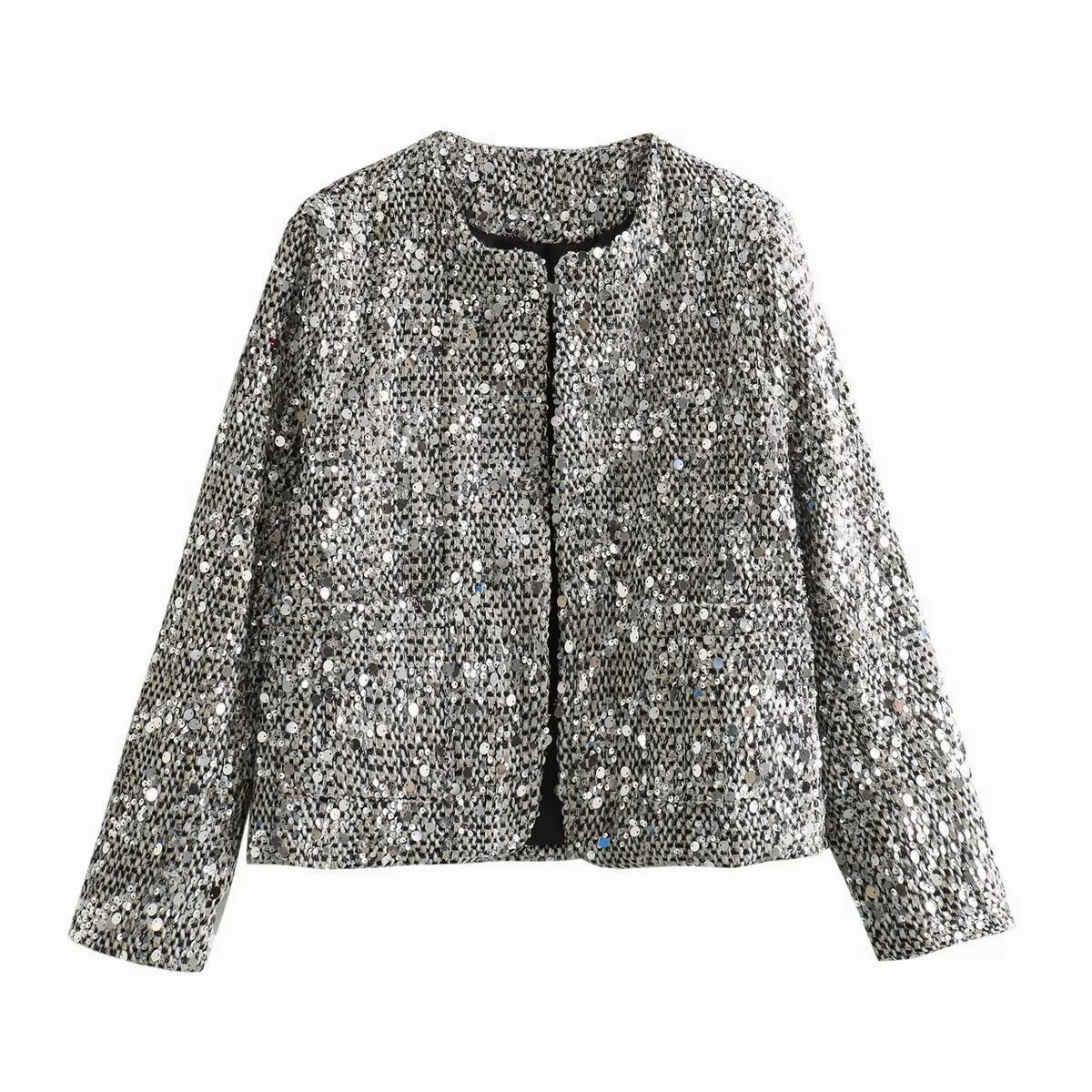 Women's Tweed Woolen Sequined Jacket Windproof Construction