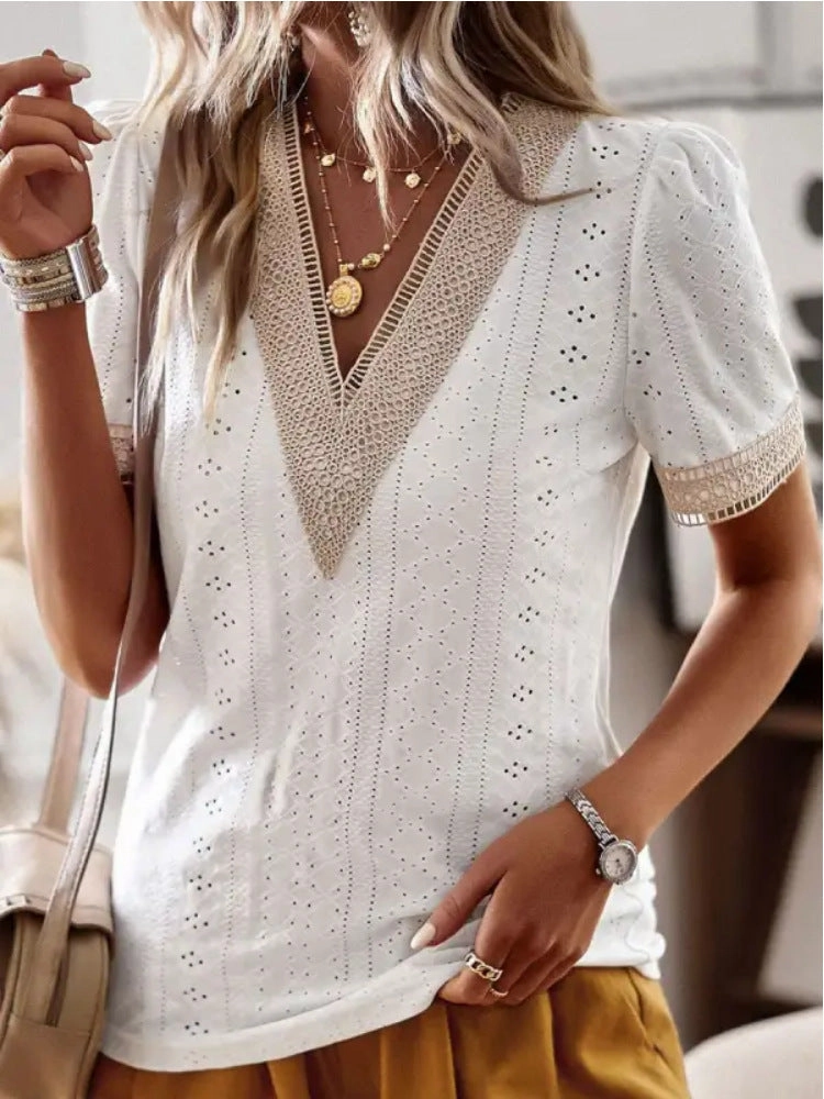 Soft Collar Design Women's V-neck Lace Loose Top Hollow Out Short Sleeve Shirt