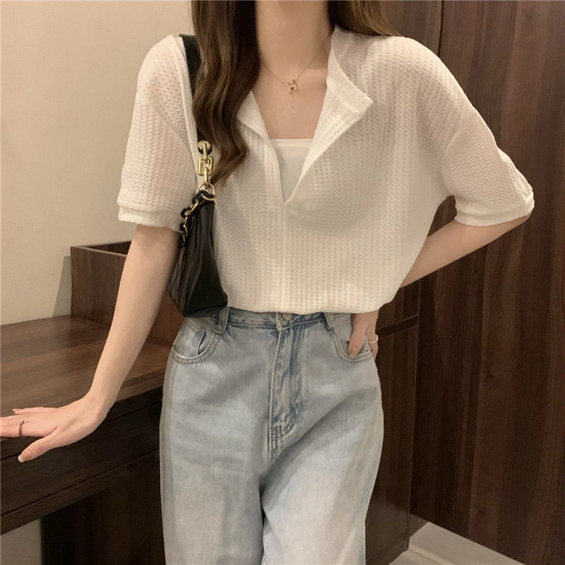 Luxury Feel Soft Collar Design Women's V Neck Short Sleeved T Shirt Loose Tops