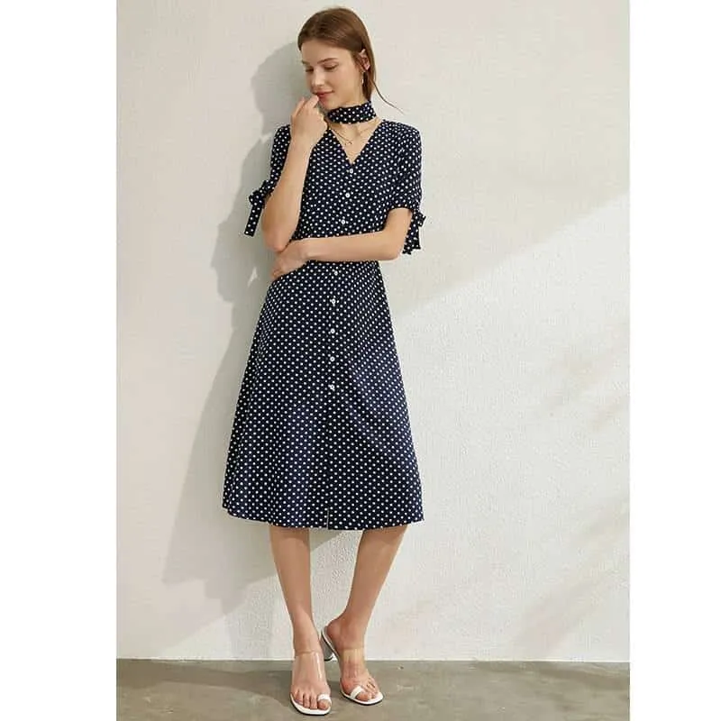 Tonal-Panel Statement-Buttons Women's Dot Printed V-Neck High Waist Dress