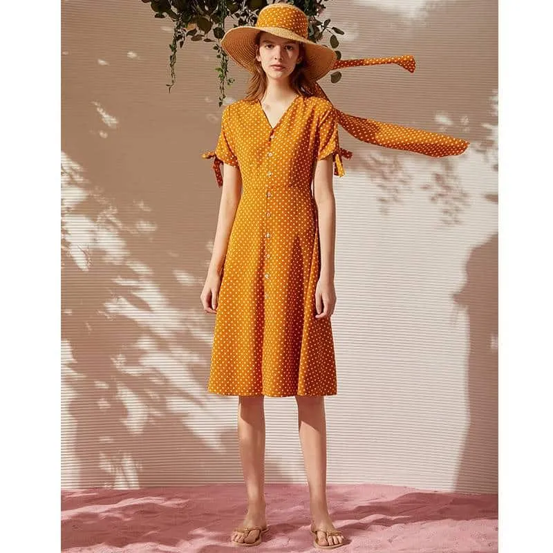 Women's Dot Printed V-Neck High Waist Dress Night Vibes