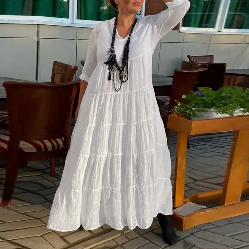 Women's Extra Long Dress Long Sleeve V-neck Layered A- Line Robe Loose Dress Sharp Detail Timeless Comfort Wear