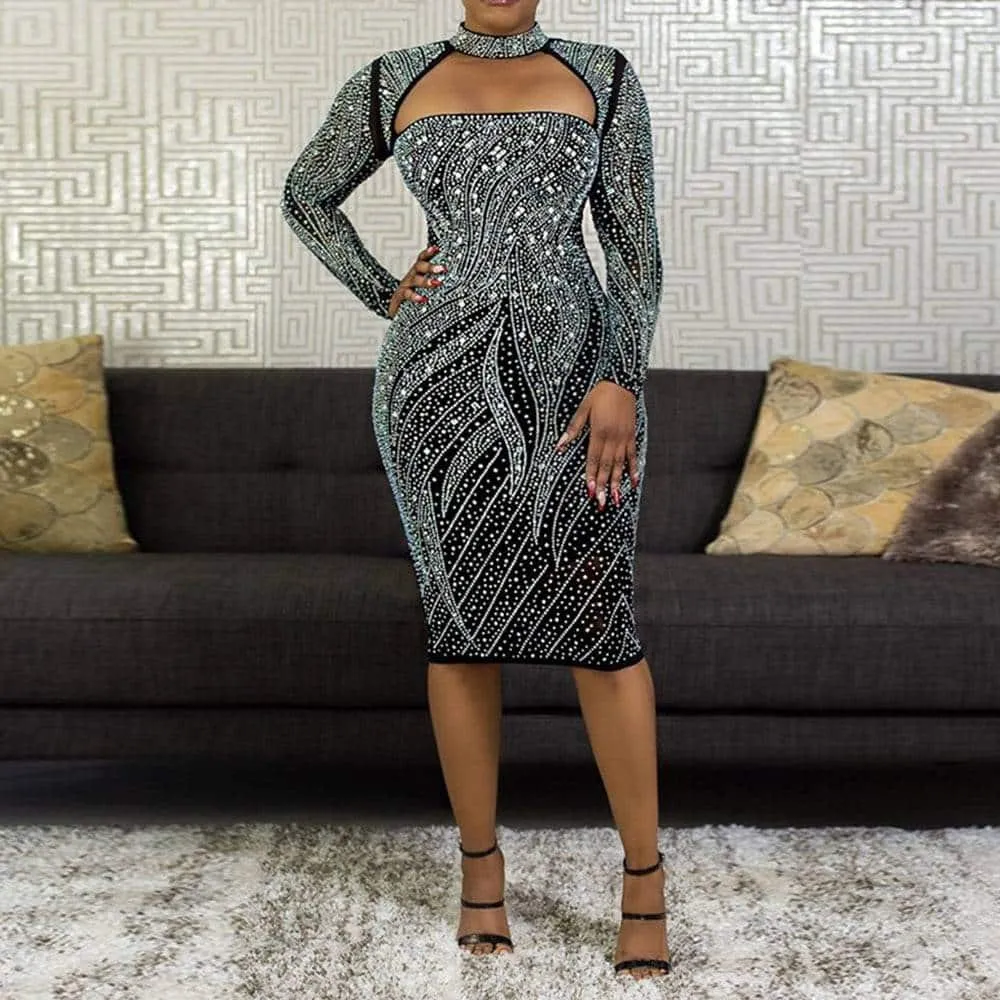 Sunny Lace Women's Shiny Rhinestone Long Sleeved Dress