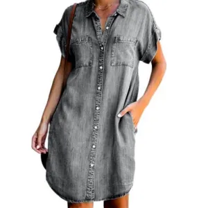 Women's Short Sleeve Slim Denim Midi Dress Bold Fashion Soft Volume