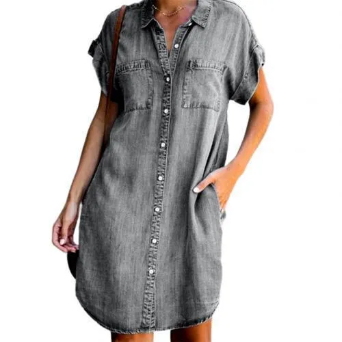 Women's Short Sleeve Slim Denim Midi Dress Bold Fashion Soft Volume