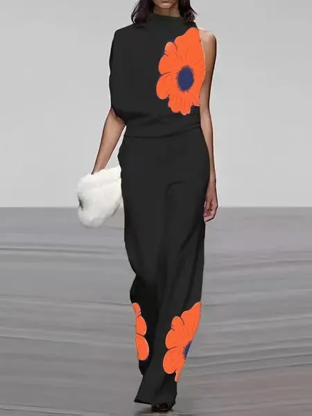 Women's Sleeveless Printed Turtleneck Fashion Suit Hook-And-Eye Timeless Layering