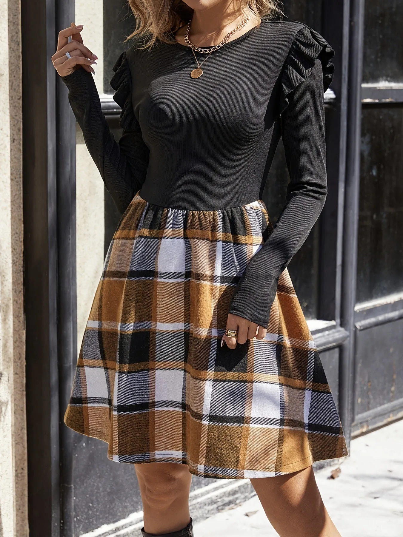 Comfortable Style Women's Sunken Stripe Stitching Plaid Long Sleeve Dress