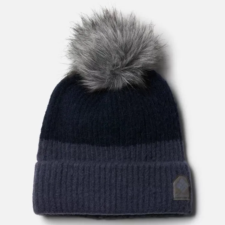 Reinforced Neckline Detail Sheer Overlay Material Women's Winter Blur Pom Pom Beanie 1862101