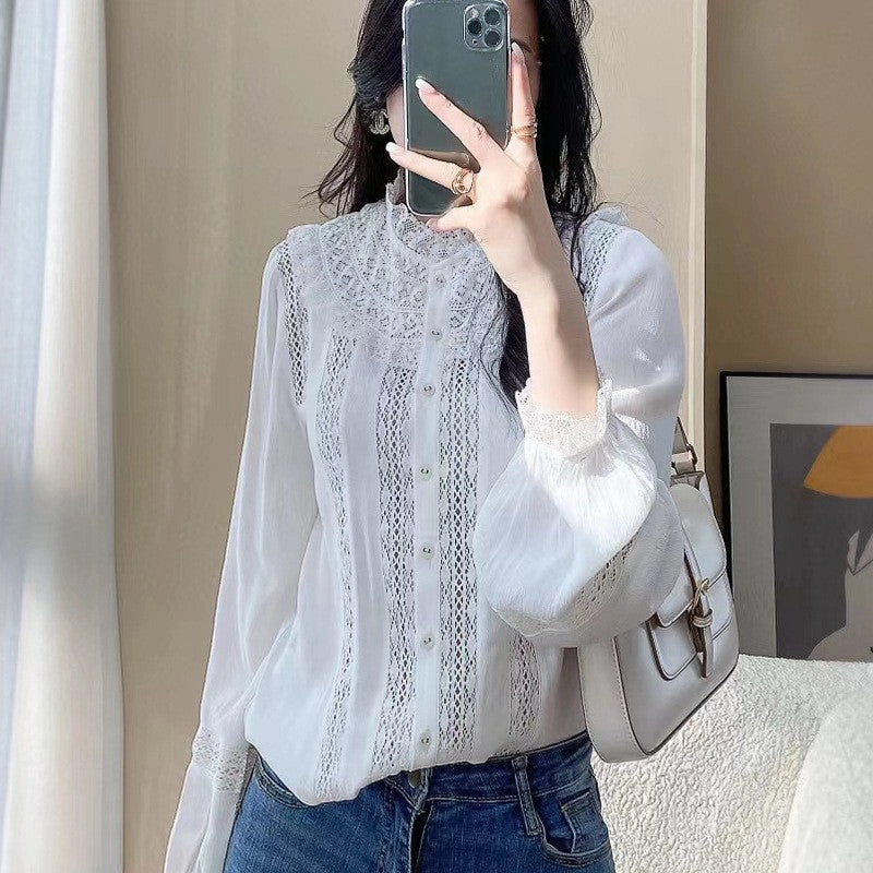 High-End Fashion Layered Design Niche Round Neck Lace Long Sleeve White Shirt Female Blouse