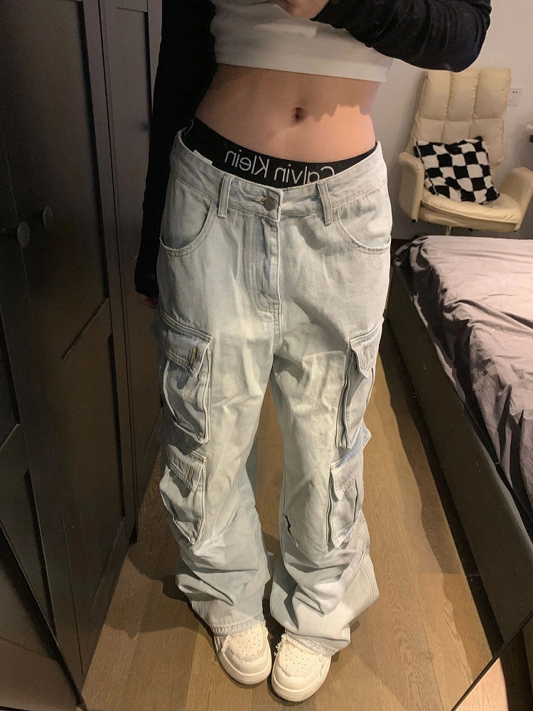 Lifestyle Fit Teen Outfit Elegant Workwear Casual Pants Women's Multi-pocket Loose Jeans