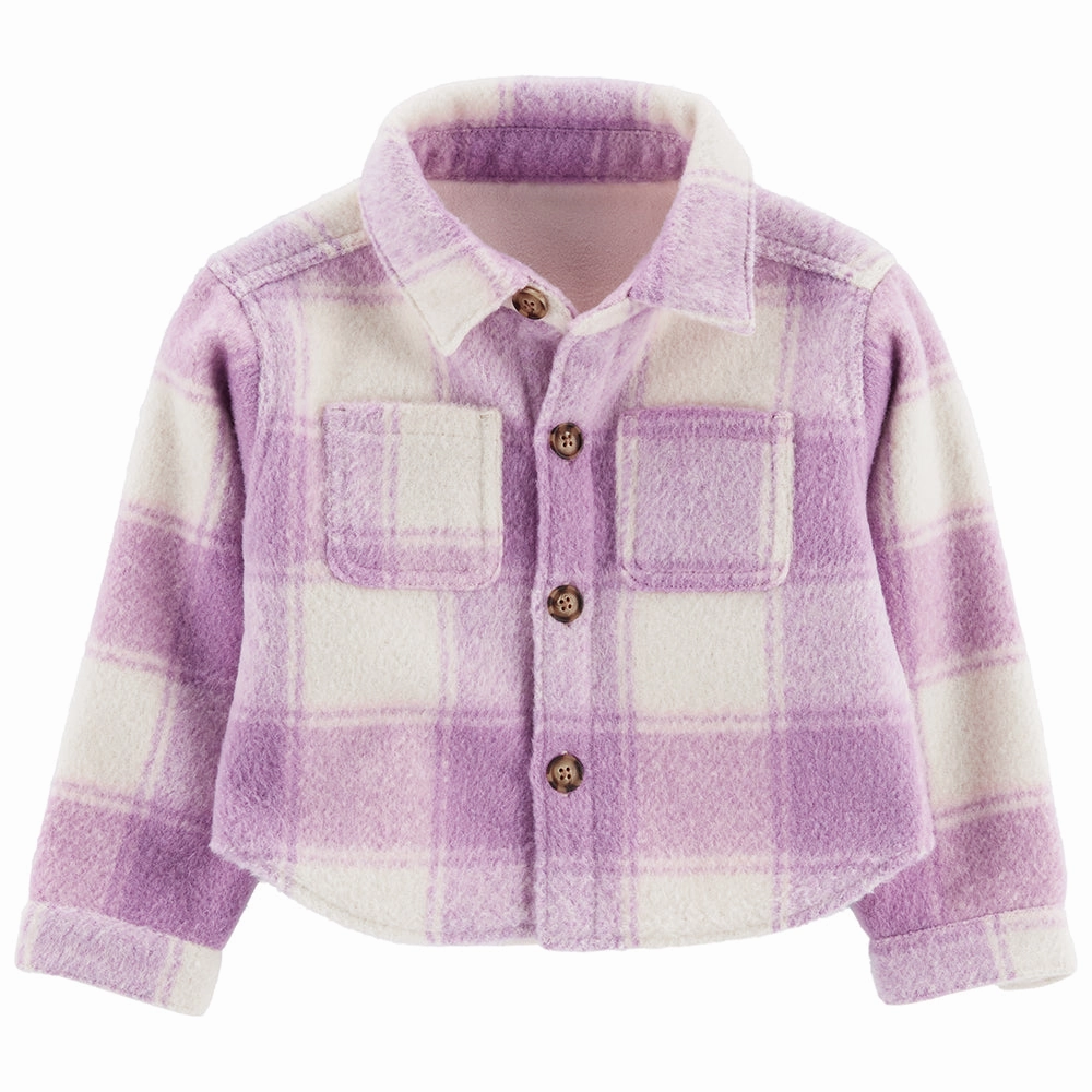 Reinforced Hems Girls' Purple Plaid Shacket 2Q312510