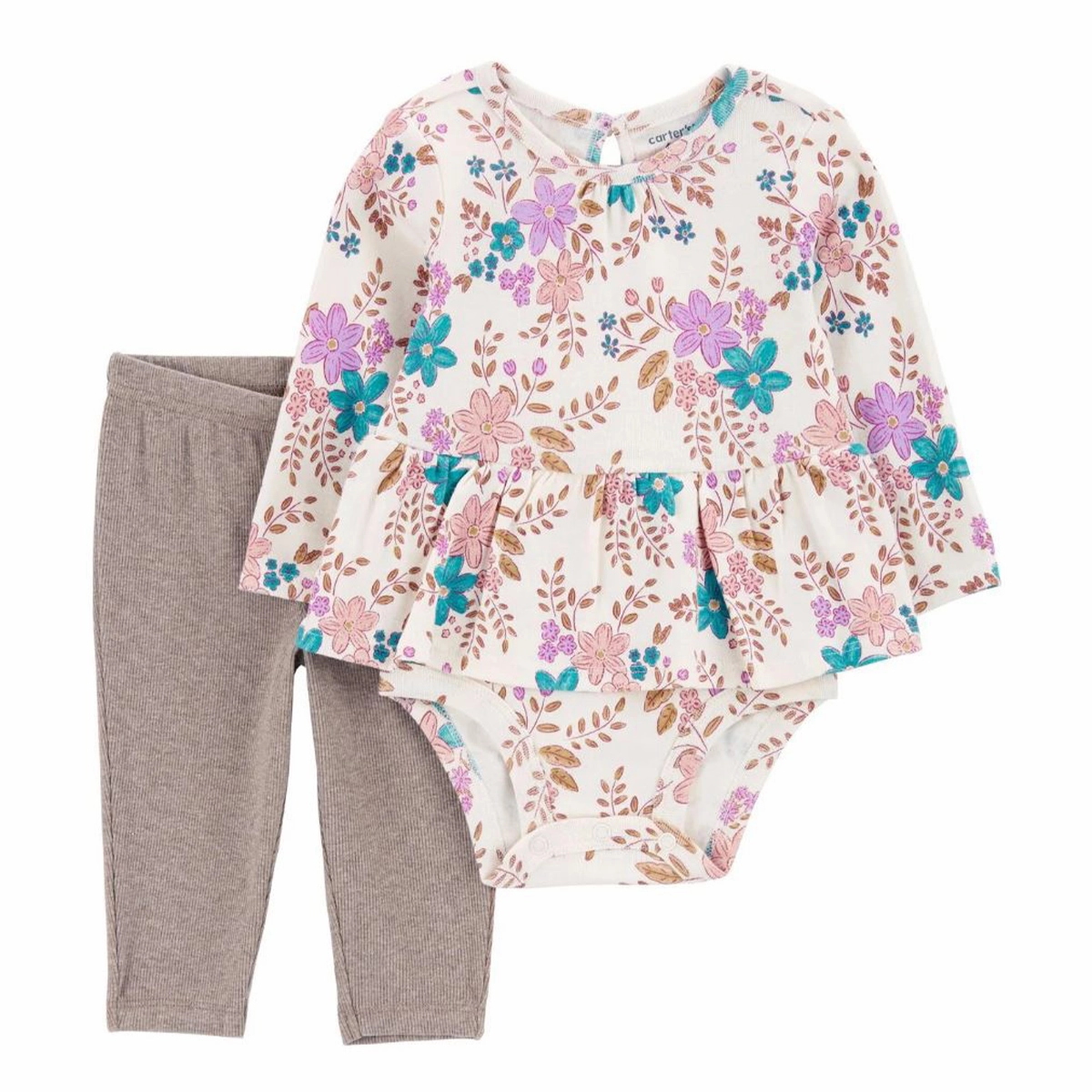 HighCollar Design Baby Girls' 2-Piece Floral Peplum Bodysuit Pant Set 1R965710