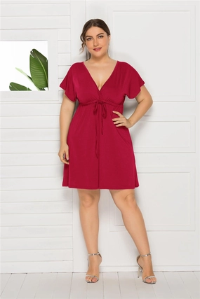 Smooth Feel Relaxed and stylish Solid color short sleeve deep V-neck short dress