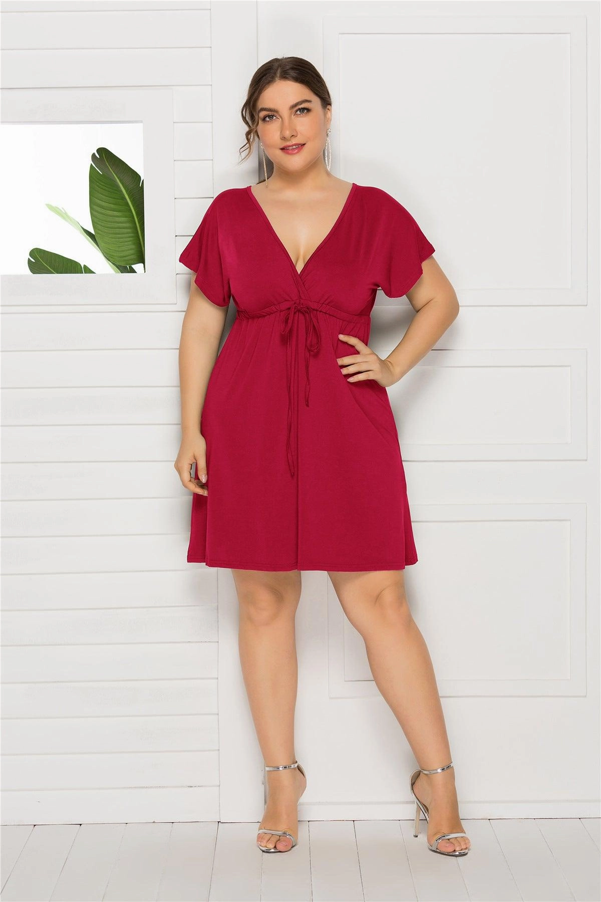 Feminine Details Office Cool Solid color short sleeve deep V-neck short dress