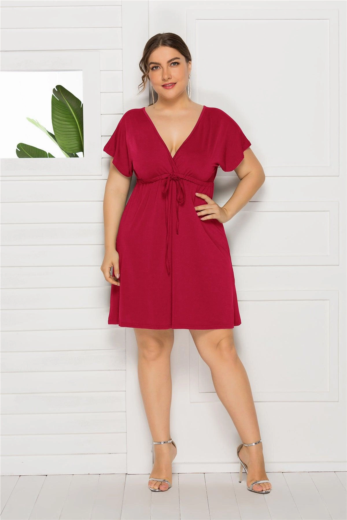 Smooth Feel Relaxed and stylish Solid color short sleeve deep V-neck short dress
