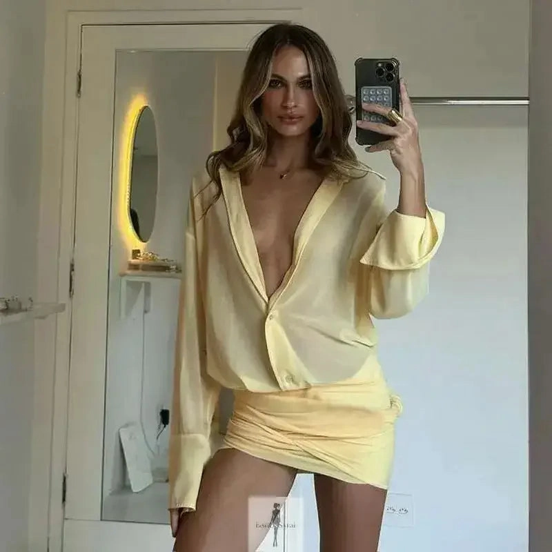 Silky Shape Light Shape Yellow Shirt Dress Ruched Skirt