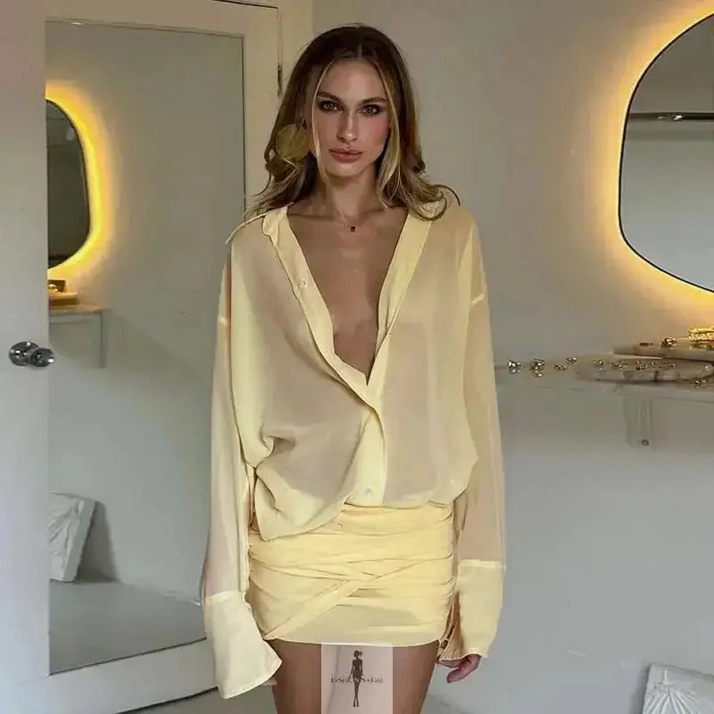 Yellow Shirt Dress Ruched Skirt Soft Shape Drawstring-Closure