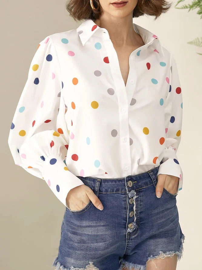 Split hem Relaxed Silhouette Summer Printed Lantern Sleeve Fashion Shirt