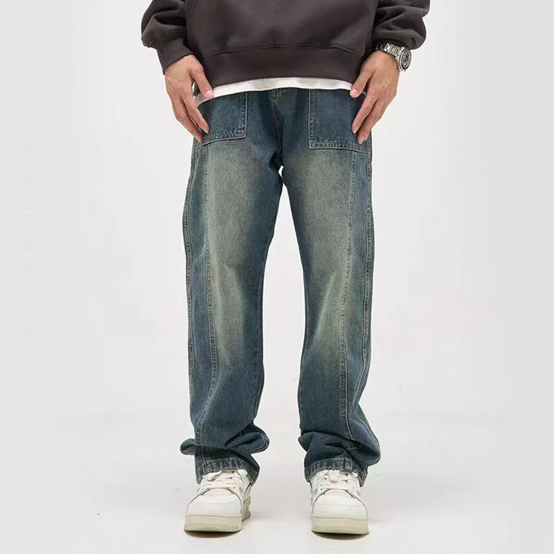 Relaxed Style Neutral American Retro Washed Distressed Draping Jeans