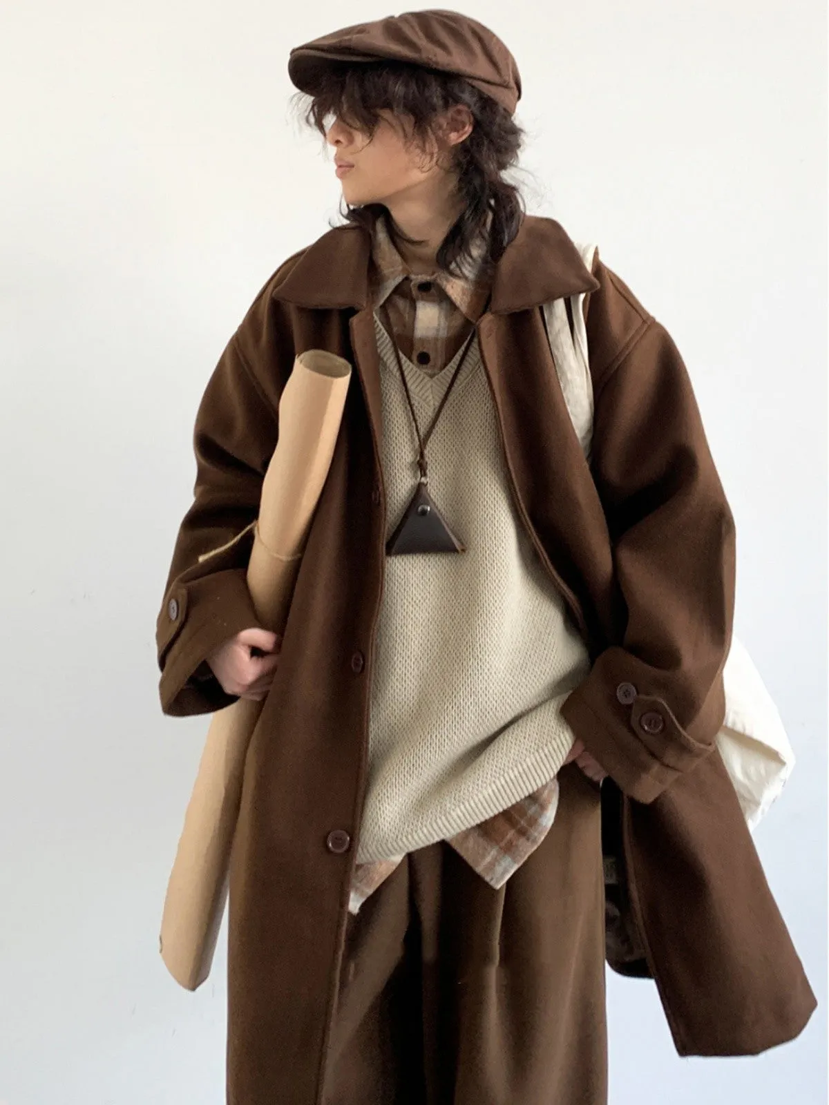 Japanese-style Retro Brown Woolen Coat Quick Release Buckle Subtle Design Detail
