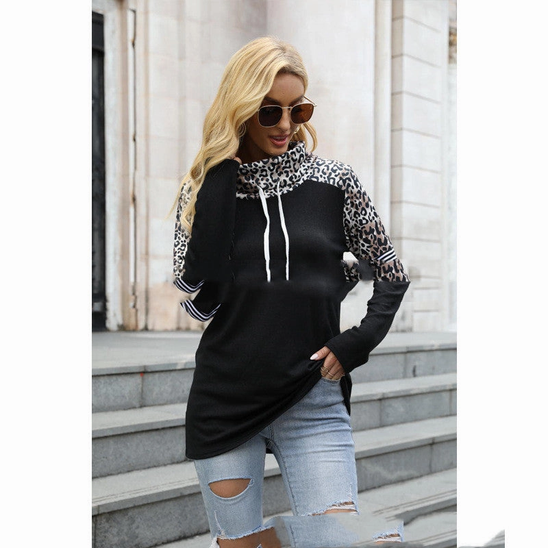 New Leopard Color Contrast High Neck Long Sleeve Sweatshirt Roomy Comfort Festival wear