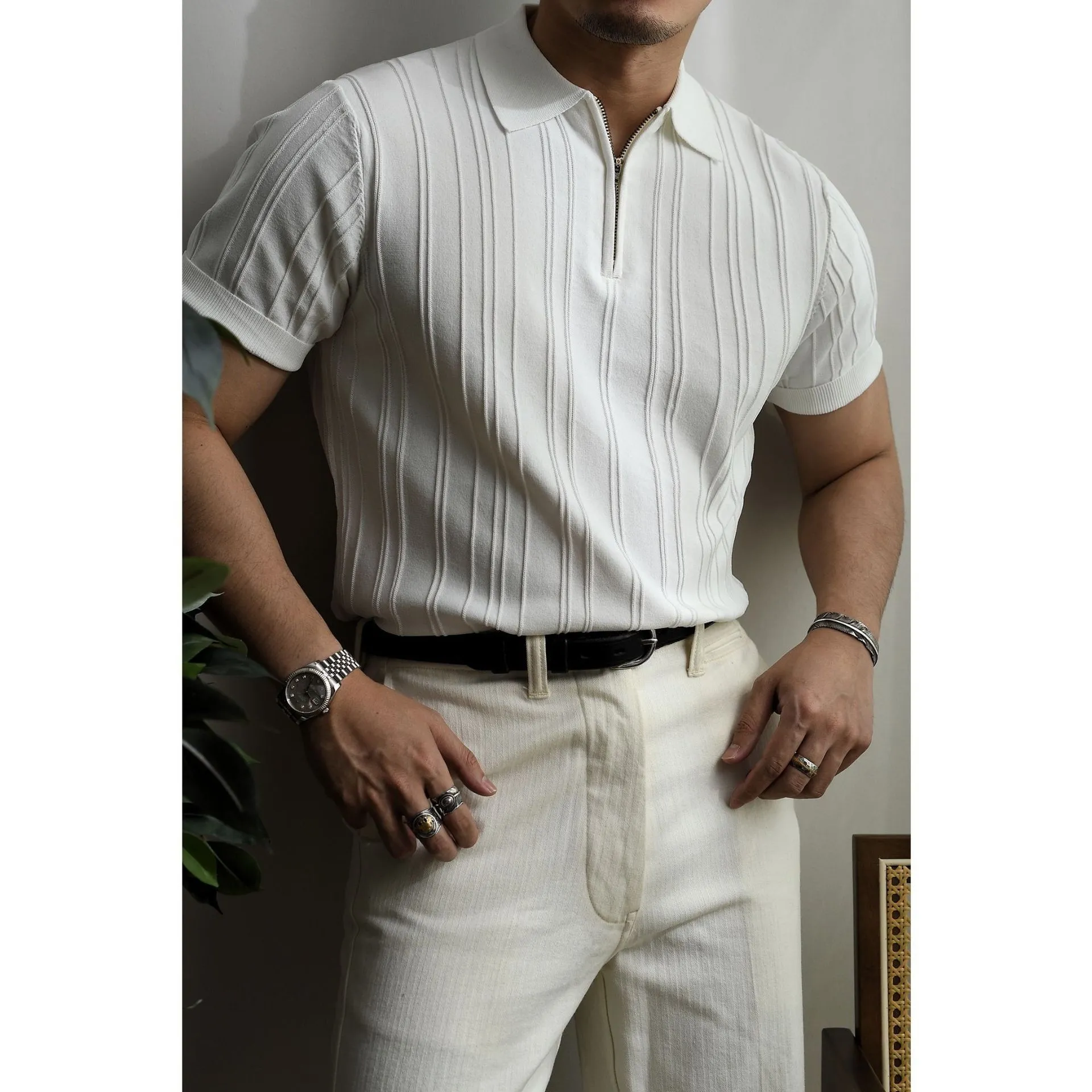 Zipper Knitted Short-sleeved Polo Shirt Men's Loose Lapels T-shirt MeshVentilation