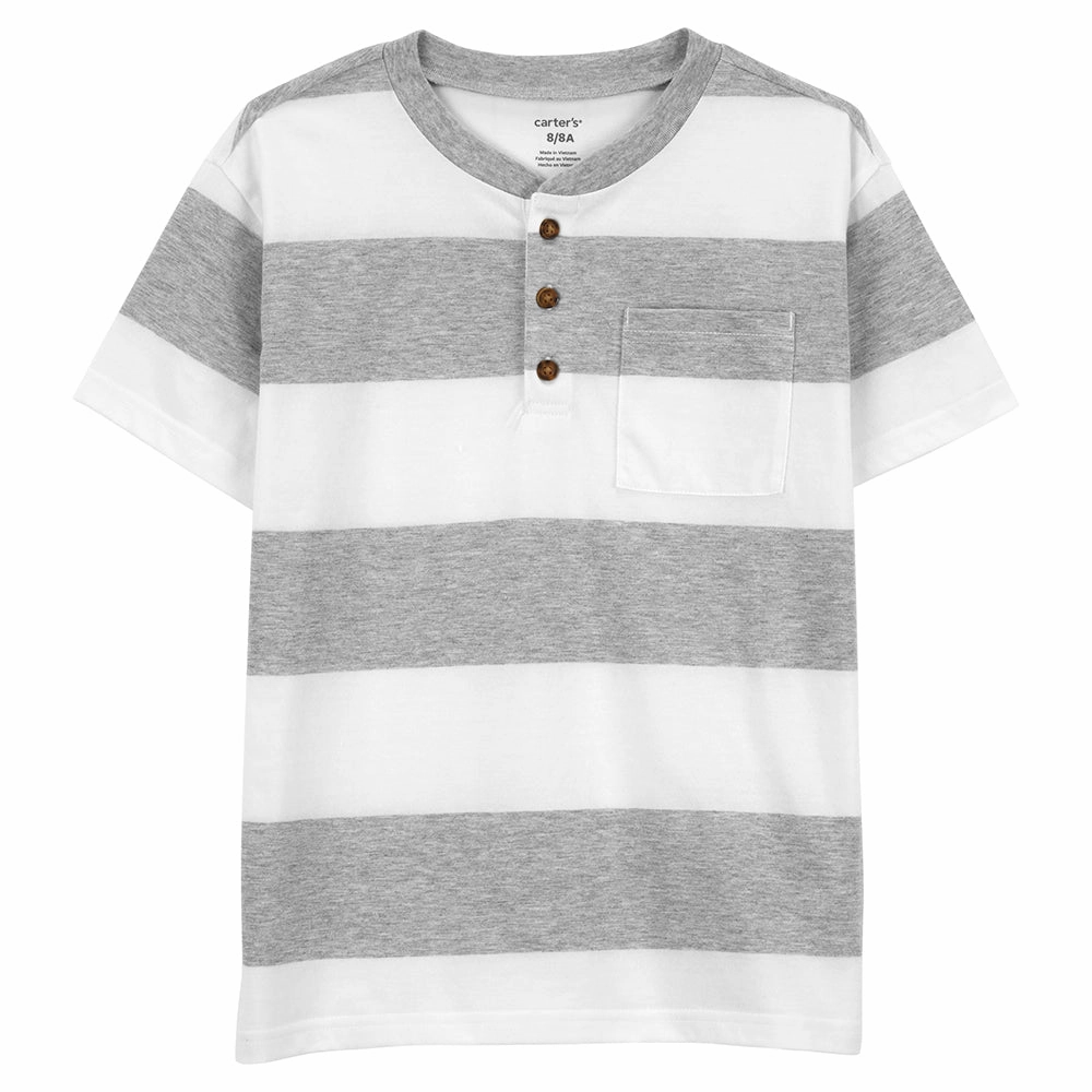 Flexible Material Convertible Neckline Boys' Striped Jersey Henley 2Q512